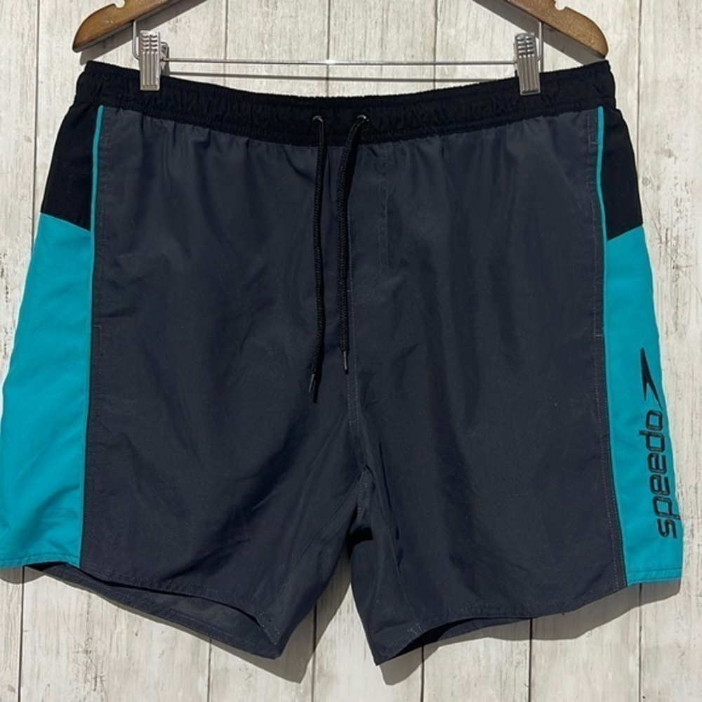Speedo Men's Swim Trunks Shorts Black Teal Logo Elastic Waist Drawstring XXL‎